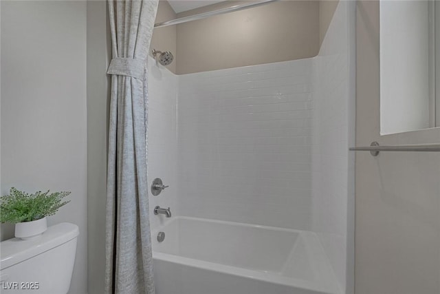 bathroom with toilet and shower / bath combination with curtain