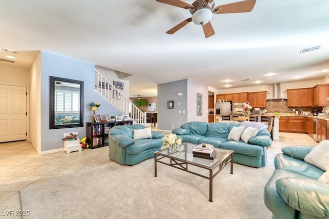 8137 Cape Flattery Ave, Las Vegas, NV 89147 - living room featuring stairway, a ceiling fan, baseboards, light tile patterned floors, and recessed lighting