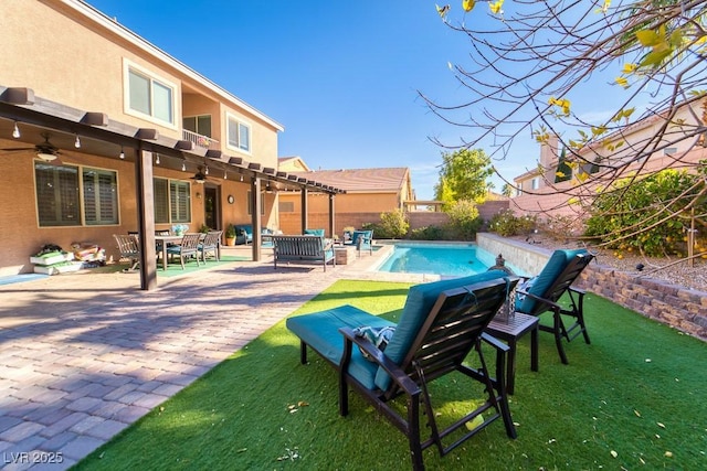 8137 Cape Flattery Ave, Las Vegas, NV 89147 - view of pool featuring a ceiling fan, outdoor lounge area, a patio, and outdoor dining area