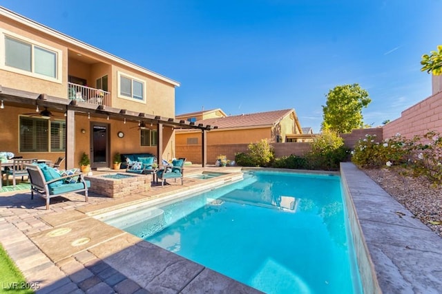 8137 Cape Flattery Ave, Las Vegas, NV 89147 - view of pool with ceiling fan, an in-ground hot tub, a fenced backyard, a patio area, and an outdoor living space