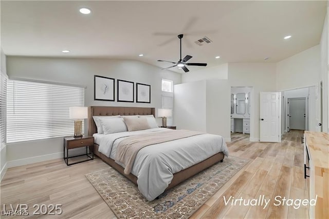 7460 Desert Flame Ct, Las Vegas, NV 89149 - bedroom with light wood-style floors, lofted ceiling, recessed lighting, baseboards, and ceiling fan