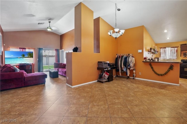 interior space with baseboards, high vaulted ceiling, and a chandelier
