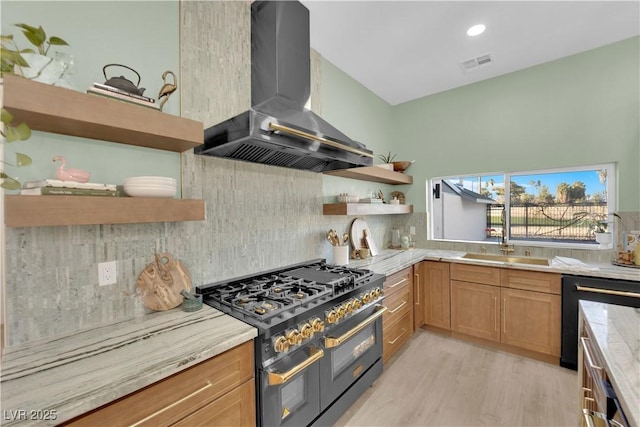 2160 Pueblo Cir, Las Vegas, NV 89169 - kitchen featuring range with two ovens, open shelves, extractor fan, black dishwasher, and decorative backsplash