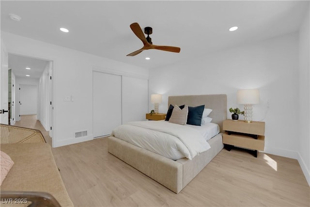 2160 Pueblo Cir, Las Vegas, NV 89169 - bedroom with a closet, light wood finished floors, recessed lighting, baseboards, and a ceiling fan