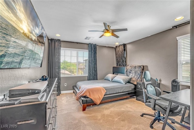 bedroom with carpet, recessed lighting, an office area, baseboards, and a ceiling fan