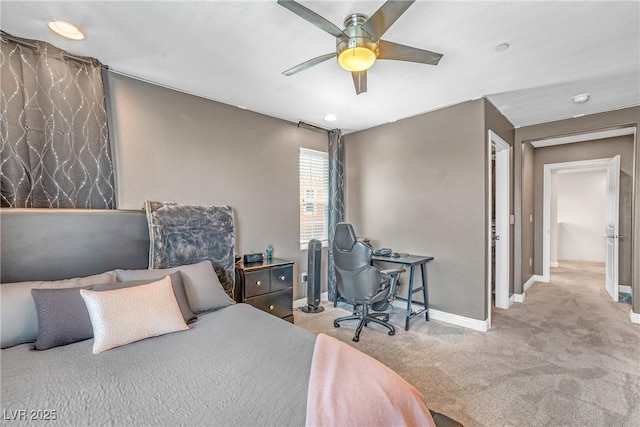 bedroom featuring carpet, baseboards, a ceiling fan, and recessed lighting