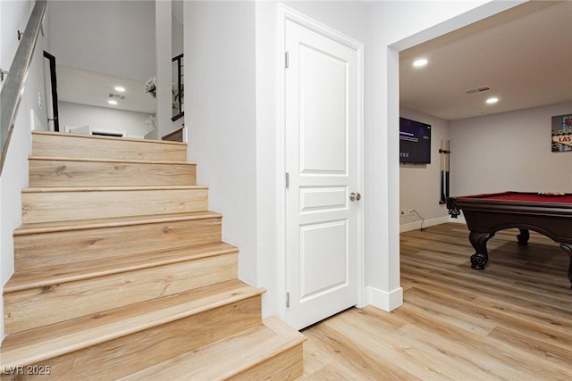 8095 Carpenter Creek Ave, Las Vegas, NV 89113 - stairs with wood finished floors, recessed lighting, baseboards, and billiards