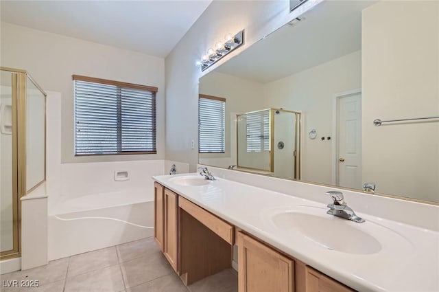 full bath with a stall shower, a bath, tile patterned floors, and double vanity