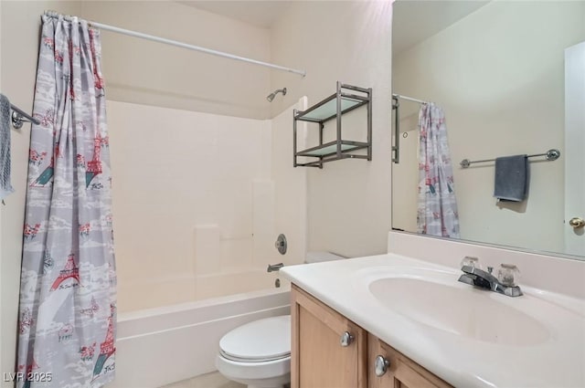 bathroom with toilet, shower / bathtub combination with curtain, and vanity
