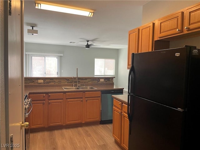 kitchen featuring stainless steel appliances, a sink, ceiling fan, light wood-type flooring, and dark countertops
