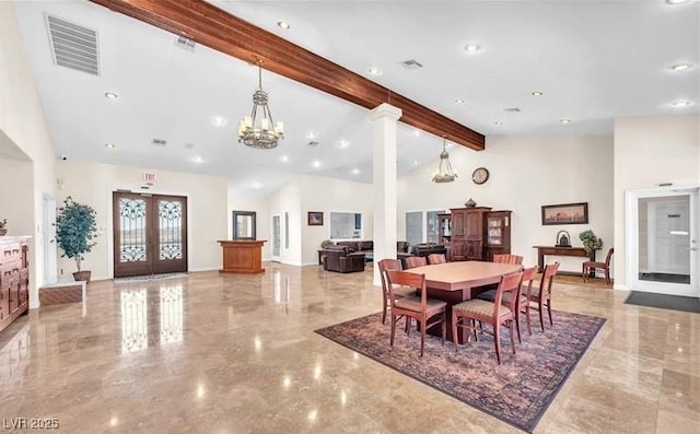 231 W Horizon Ridge Parkway Unit 1228, Henderson, NV 89012 - dining space with beamed ceiling, french doors, high vaulted ceiling, light marble finish flooring, and recessed lighting