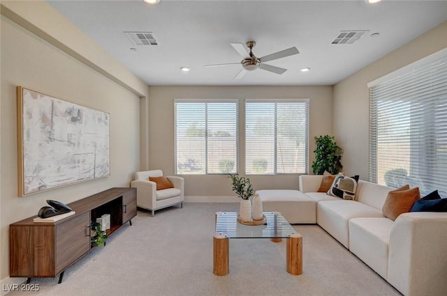 9903 Spinel Pl, Las Vegas, NV 89143 - living area featuring ceiling fan, light colored carpet, recessed lighting, and baseboards