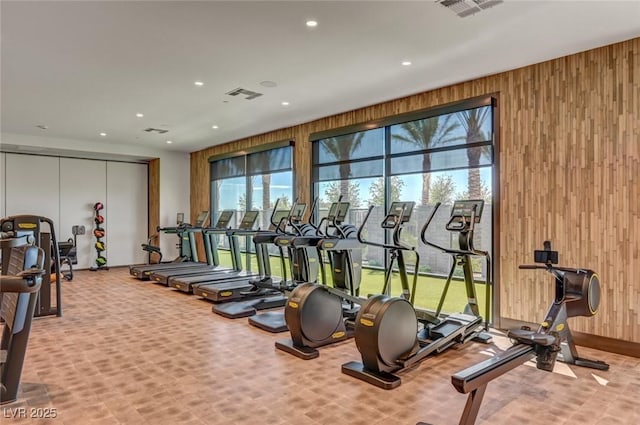 9903 Spinel Pl, Las Vegas, NV 89143 - workout area with wooden walls and recessed lighting