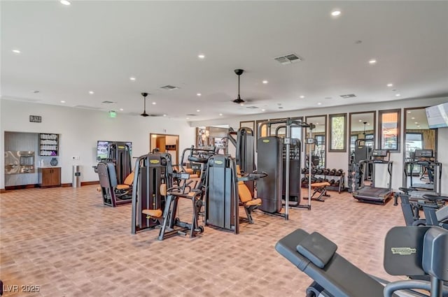 9903 Spinel Pl, Las Vegas, NV 89143 - exercise room with recessed lighting, light colored carpet, and a ceiling fan