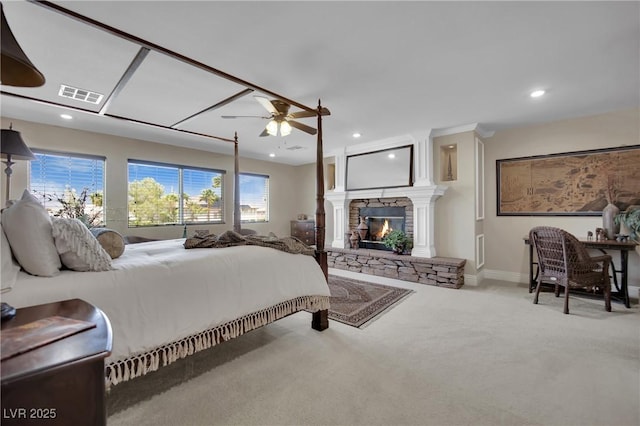9046 Barium Rock Ave, Las Vegas, NV 89143 - bedroom featuring carpet floors, multiple windows, a fireplace, recessed lighting, and baseboards