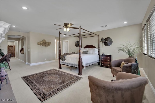 9046 Barium Rock Ave, Las Vegas, NV 89143 - bedroom featuring arched walkways, carpet floors, recessed lighting, baseboards, and ceiling fan