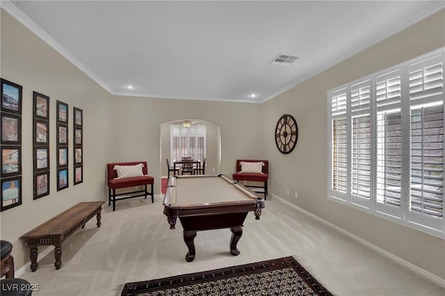 9046 Barium Rock Ave, Las Vegas, NV 89143 - rec room with arched walkways, plenty of natural light, carpet flooring, crown molding, and recessed lighting