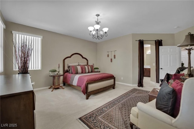 9046 Barium Rock Ave, Las Vegas, NV 89143 - bedroom with a chandelier, light colored carpet, baseboards, and ensuite bath