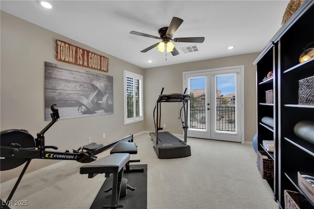 9046 Barium Rock Ave, Las Vegas, NV 89143 - workout area with carpet flooring, ceiling fan, baseboards, recessed lighting, and french doors