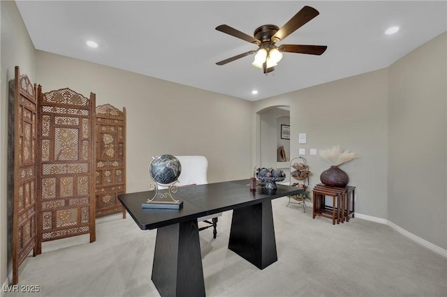 9046 Barium Rock Ave, Las Vegas, NV 89143 - office area with arched walkways, light carpet, ceiling fan, baseboards, and recessed lighting