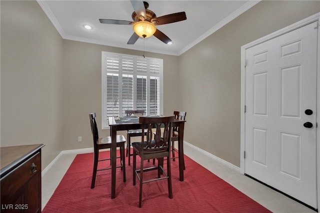 9046 Barium Rock Ave, Las Vegas, NV 89143 - dining area with ceiling fan, baseboards, crown molding, carpet, and recessed lighting