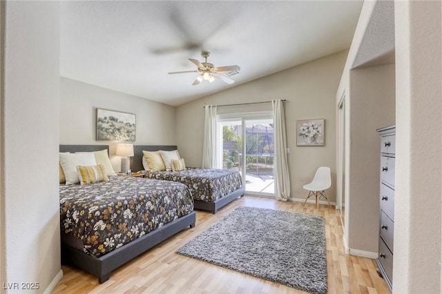 6021 Winter Meadow St, Las Vegas, NV 89130 - bedroom featuring access to outside, vaulted ceiling, wood finished floors, baseboards, and a ceiling fan