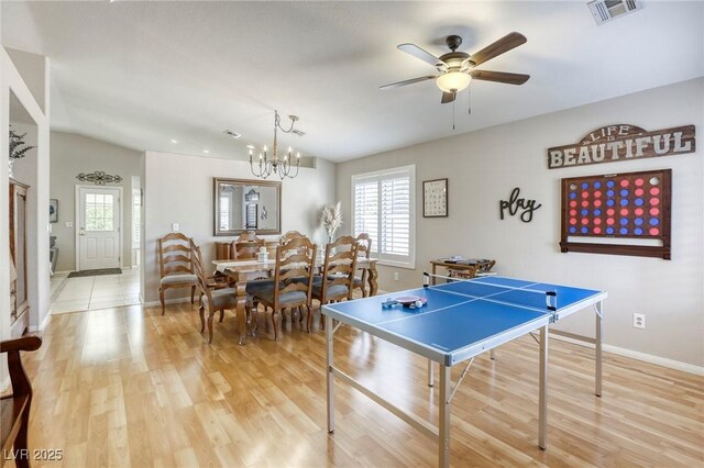 6021 Winter Meadow St, Las Vegas, NV 89130 - recreation room featuring light wood-style floors, baseboards, a ceiling fan, and a chandelier