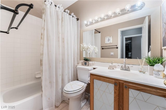 10701 Windrose Point Ave, Las Vegas, NV 89144 - bathroom with tile patterned floors, toilet, shower / tub combo, and vanity