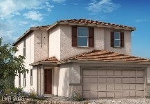 9649 Hinson St, Las Vegas, NV 89139 - view of front of home with stucco siding, a tiled roof, a garage, and driveway
