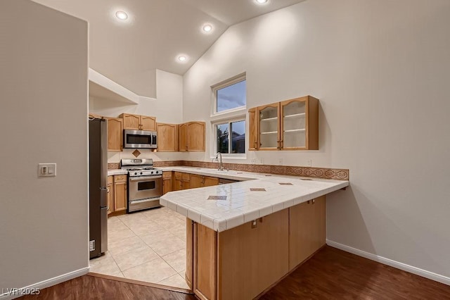 kitchen featuring appliances with stainless steel finishes, high vaulted ceiling, a peninsula, a sink, and baseboards