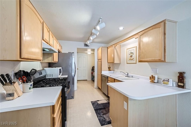 2902 Aztec Lily Ln, Henderson, NV 89074 - kitchen with stainless steel appliances, a sink, light brown cabinetry, and track lighting