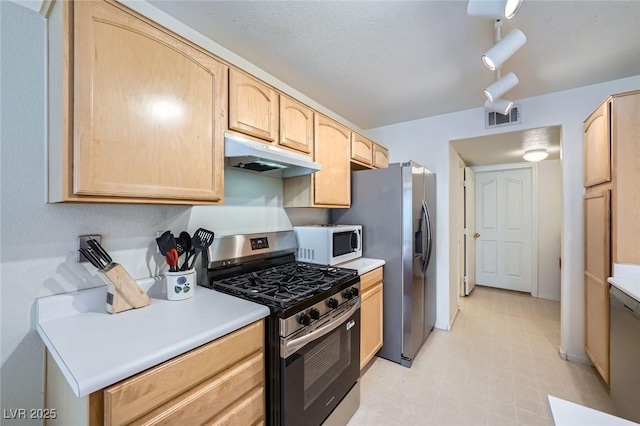 2902 Aztec Lily Ln, Henderson, NV 89074 - kitchen featuring appliances with stainless steel finishes, under cabinet range hood, light brown cabinets, and light countertops