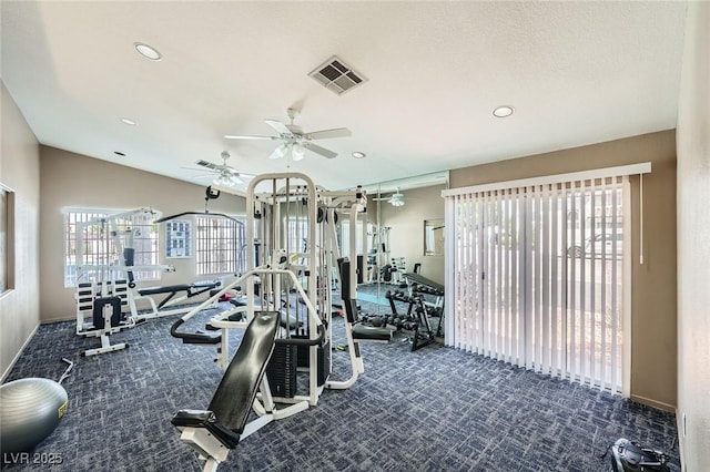 2902 Aztec Lily Ln, Henderson, NV 89074 - workout area featuring ceiling fan, carpet, baseboards, and recessed lighting