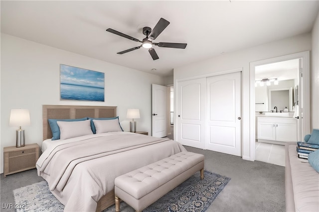3065 Blue Monaco St, Las Vegas, NV 89117 - carpeted bedroom with a closet, connected bathroom, and a ceiling fan