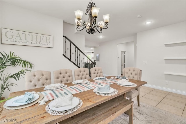 7545 Fontera Ct, Las Vegas, NV 89139 - dining space featuring stairs, a chandelier, tile patterned floors, recessed lighting, and baseboards
