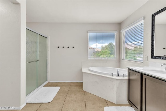 7545 Fontera Ct, Las Vegas, NV 89139 - bathroom featuring healthy amount of natural light, a stall shower, and tile patterned floors