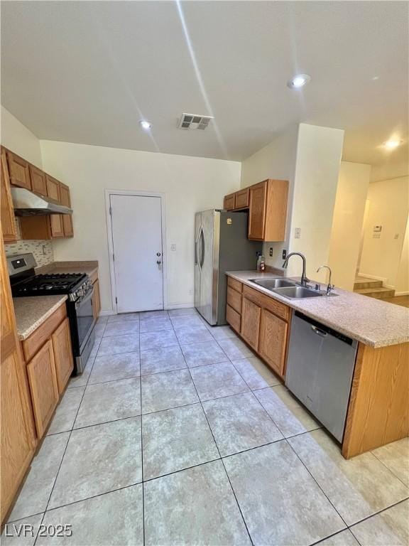 6545 Netherseal Ave, Las Vegas, NV 89139 - kitchen with appliances with stainless steel finishes, a sink, brown cabinets, a peninsula, and light tile patterned floors