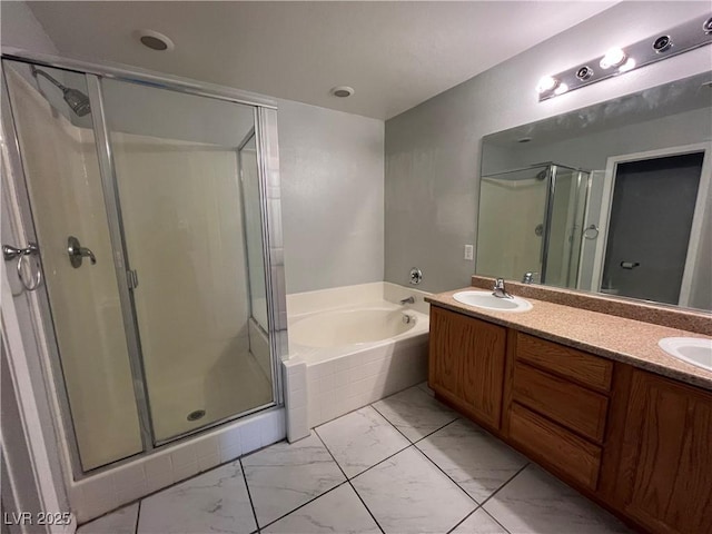 6545 Netherseal Ave, Las Vegas, NV 89139 - bathroom with marble finish flooring, a shower stall, a bath, and double vanity