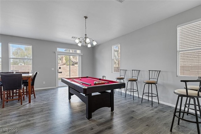 game room featuring baseboards, dark wood-style flooring, billiards table, and a chandelier