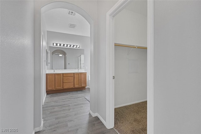 bathroom featuring baseboards, double vanity, a spacious closet, and wood finished floors