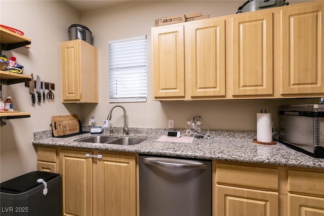 6955 N Durango Dr Unit 2081, Las Vegas, NV 89149 - kitchen with stainless steel dishwasher, a sink, light brown cabinets, open shelves, and light stone countertops