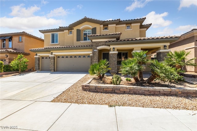 8547 Benidorm Ave, Las Vegas, NV 89178 - mediterranean / spanish-style home featuring stone siding, a garage, stucco siding, concrete driveway, and a tile roof