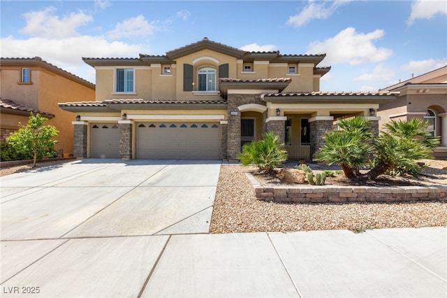 8547 Benidorm Ave, Las Vegas, NV 89178 - mediterranean / spanish-style house with stone siding, a garage, driveway, stucco siding, and a tiled roof