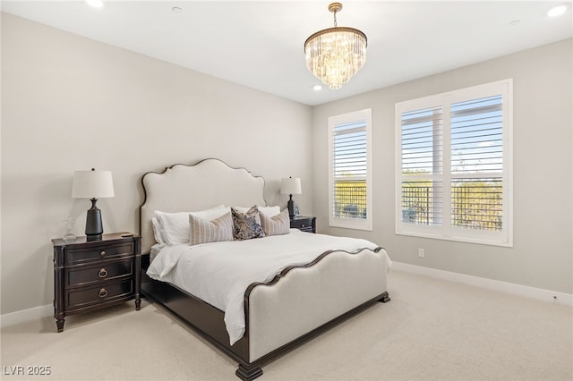 bedroom featuring baseboards, light carpet, a chandelier, and recessed lighting