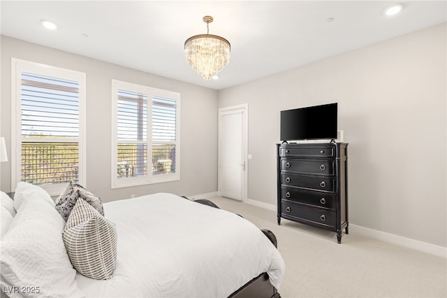 bedroom featuring a chandelier, light colored carpet, baseboards, and recessed lighting
