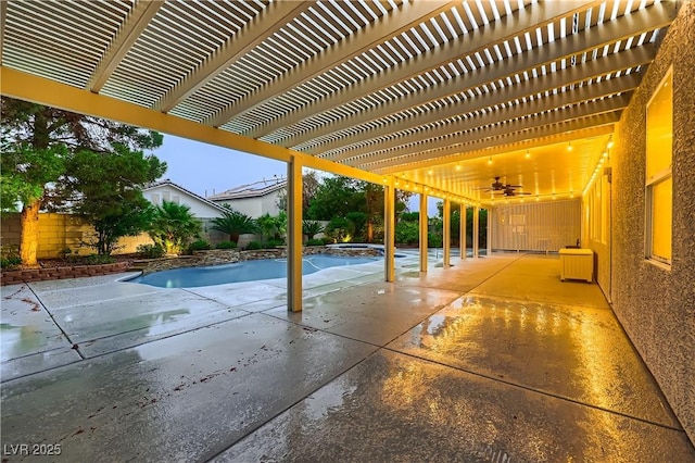 386 Wiseton Ave, Las Vegas, NV 89183 - view of patio with ceiling fan, a pool with connected hot tub, a fenced backyard, and a pergola
