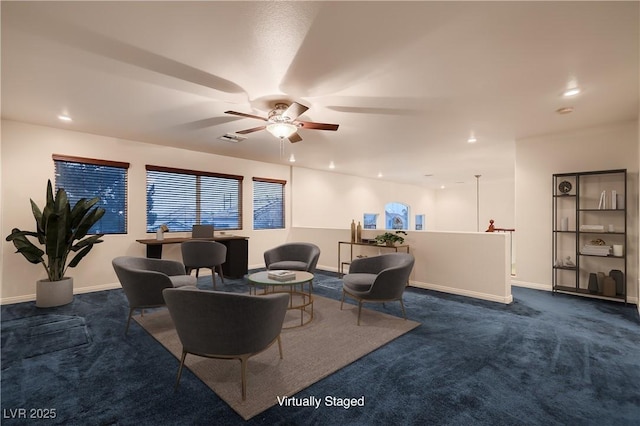 386 Wiseton Ave, Las Vegas, NV 89183 - living room with dark colored carpet, a ceiling fan, recessed lighting, baseboards, and an office area