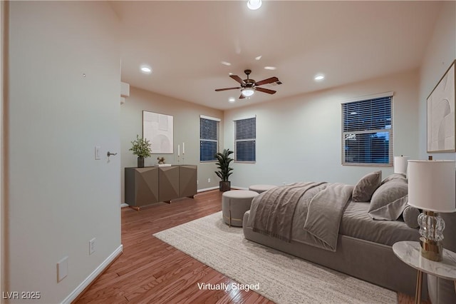 386 Wiseton Ave, Las Vegas, NV 89183 - bedroom with baseboards, wood finished floors, recessed lighting, and a ceiling fan