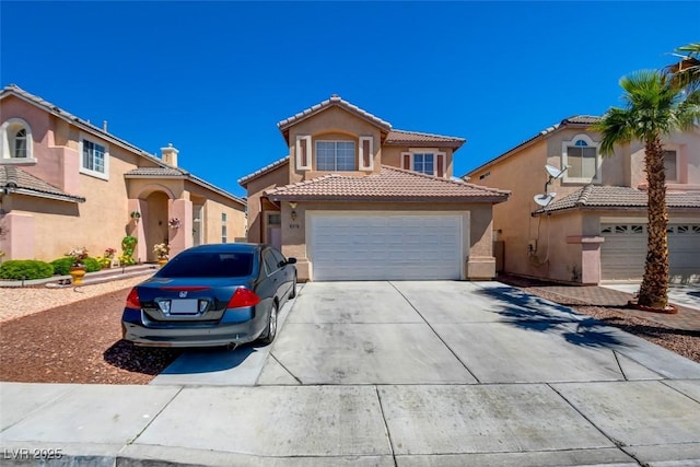 8370 Lost Lake Ct, Las Vegas, NV 89147 - mediterranean / spanish house with concrete driveway, stucco siding, a tiled roof, and an attached garage