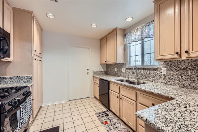 5401 Bugle Way Unit 103, Las Vegas, NV 89108 - kitchen featuring a sink, light brown cabinets, black appliances, backsplash, and light tile patterned flooring